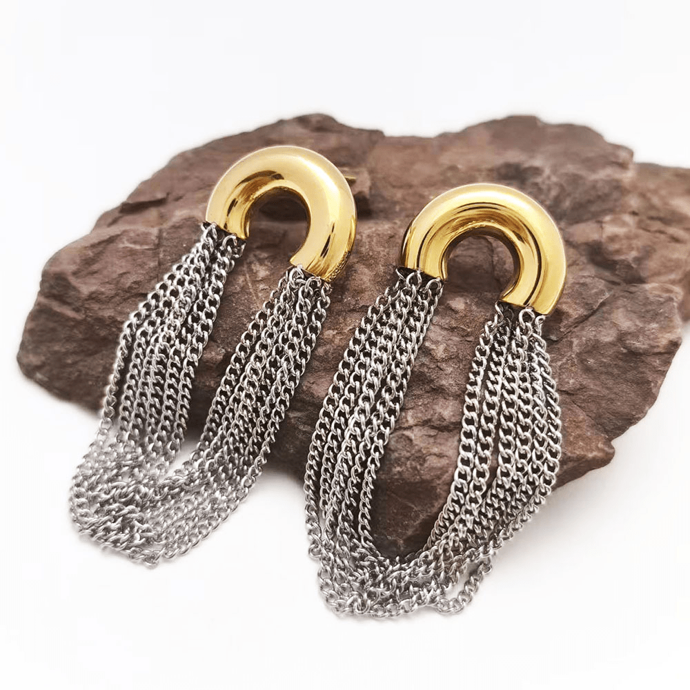 Créoles bicolores or et argent avec cascade de chaînettes fines