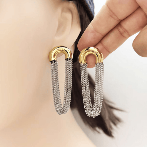 Créoles bicolores or et argent avec cascade de chaînettes fines