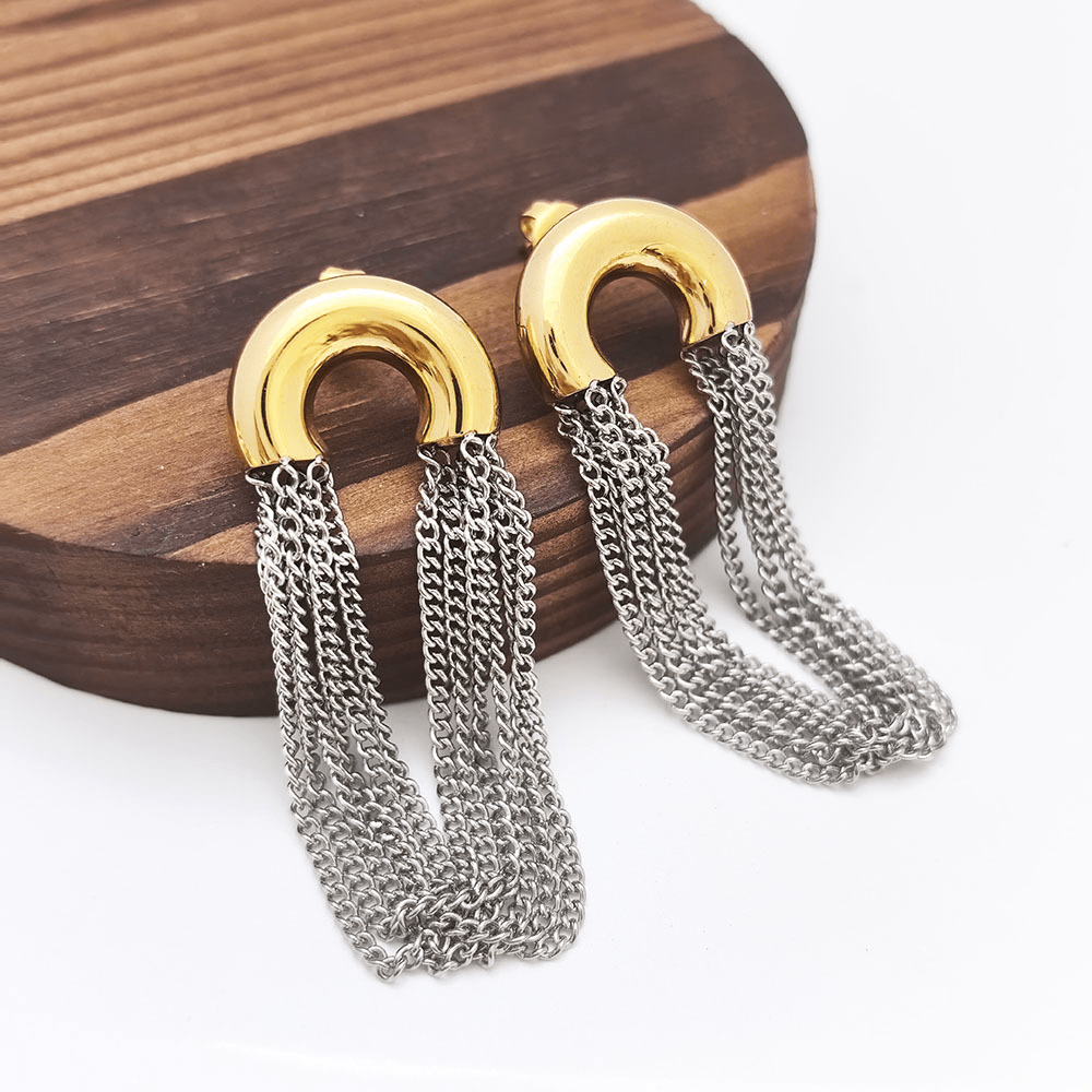 Créoles bicolores or et argent avec cascade de chaînettes fines