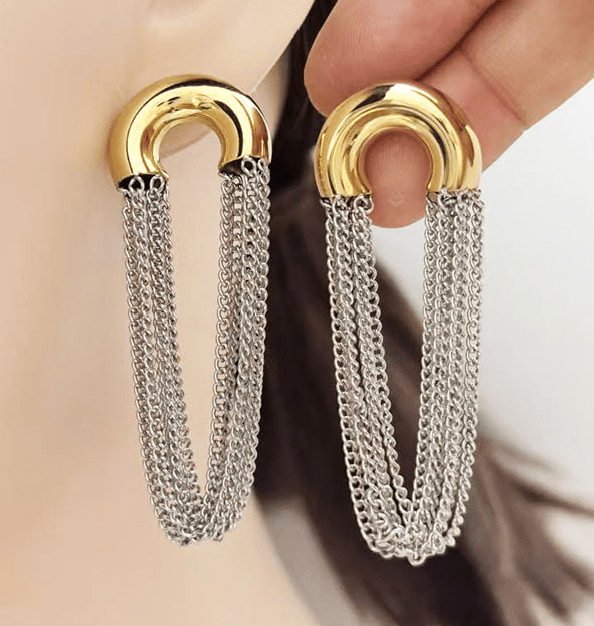 Créoles bicolores or et argent avec cascade de chaînettes fines