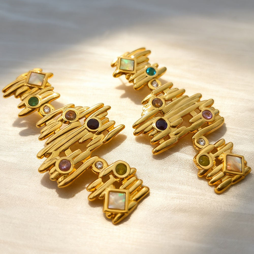 Boucles d'oreilles empilables pierres multicolores finition or