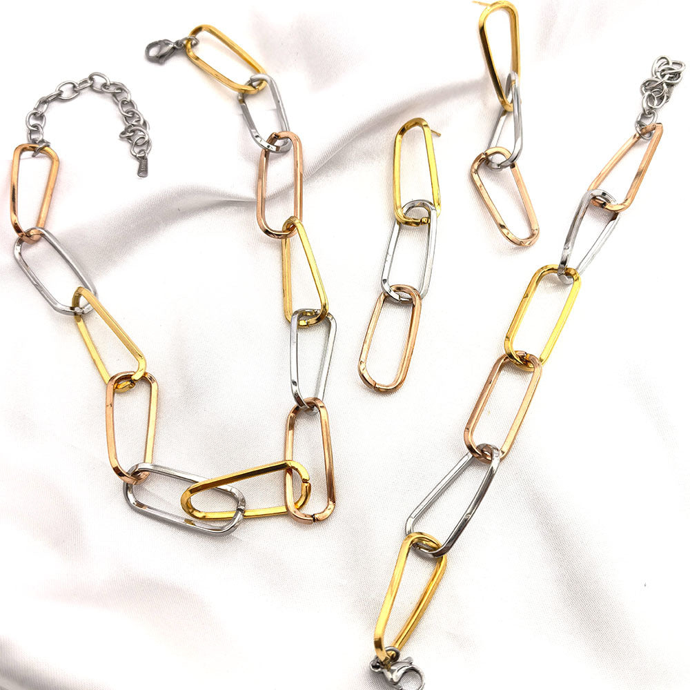 Parure complète 3 pièces maillons tricolores or jaune or rose argent