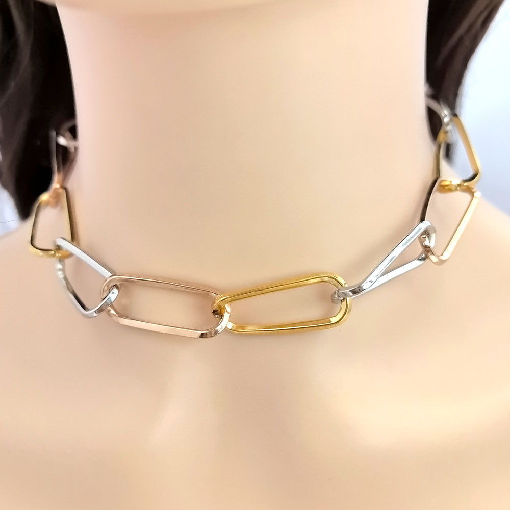 Collier maillons ovales tricolores or et argent