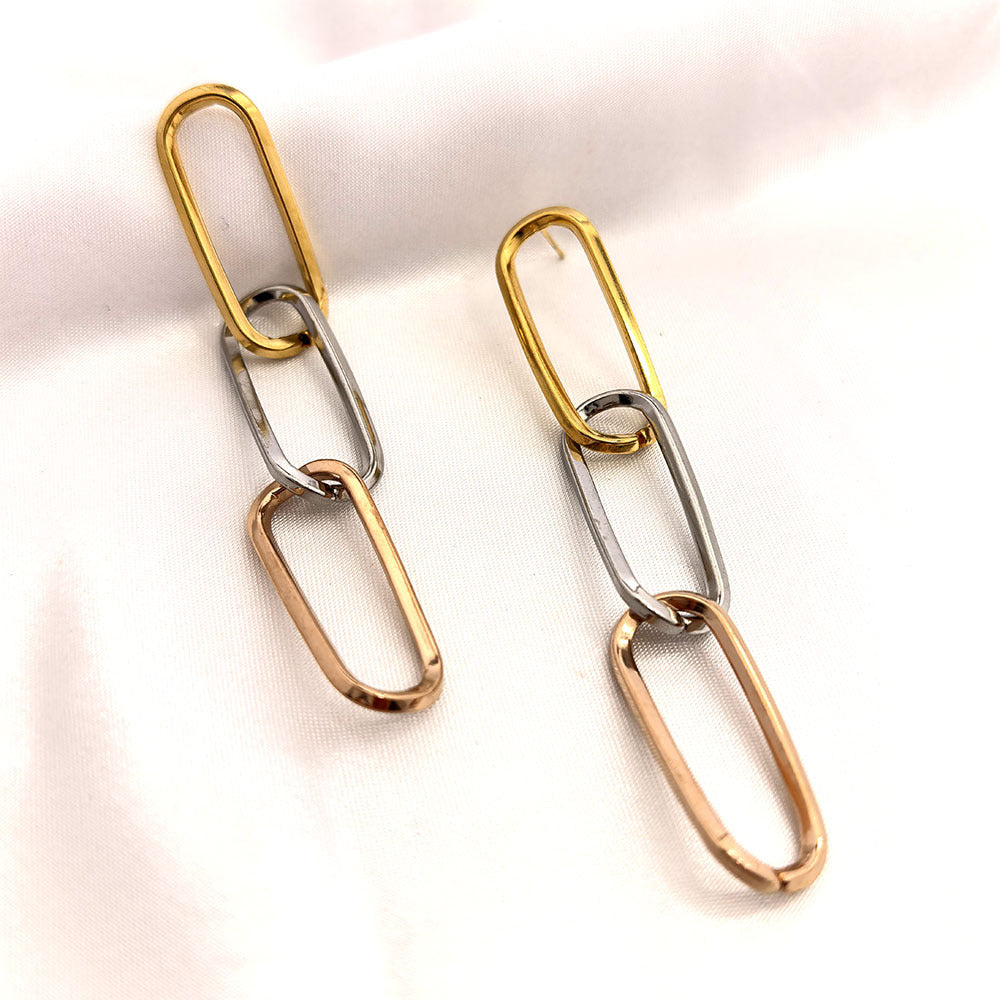 Boucles d'oreilles maillons ovales tricolores or et argent