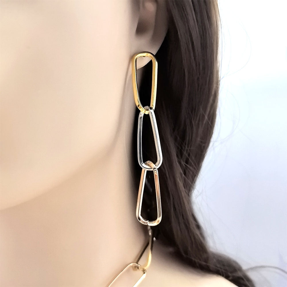 Boucles d'oreilles maillons ovales tricolores or et argent