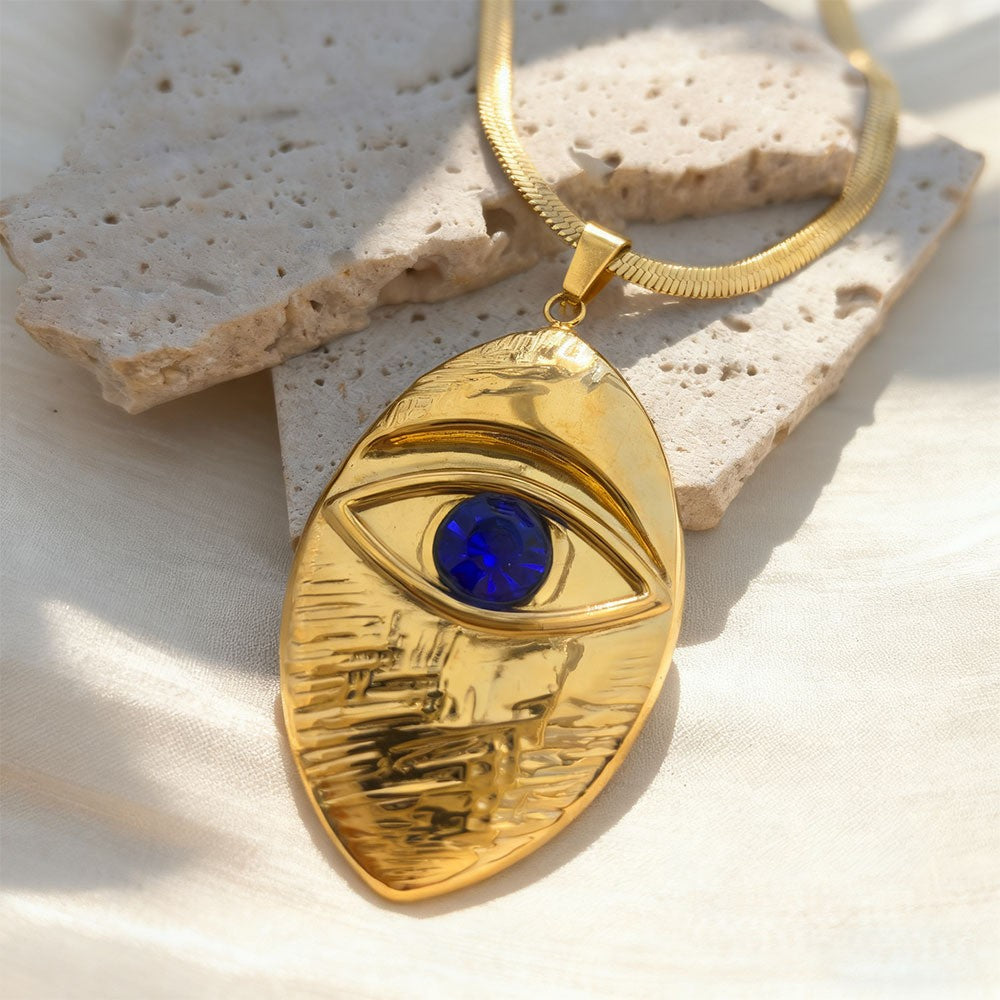 Collier œil talisman pendentif pierre en verre bleue finition or 18K